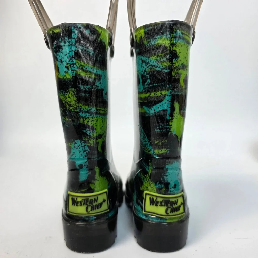 Western Chief Boys Size 5 Dinosaur Light Up Rain Boots Waterproof‎ Green Blue
